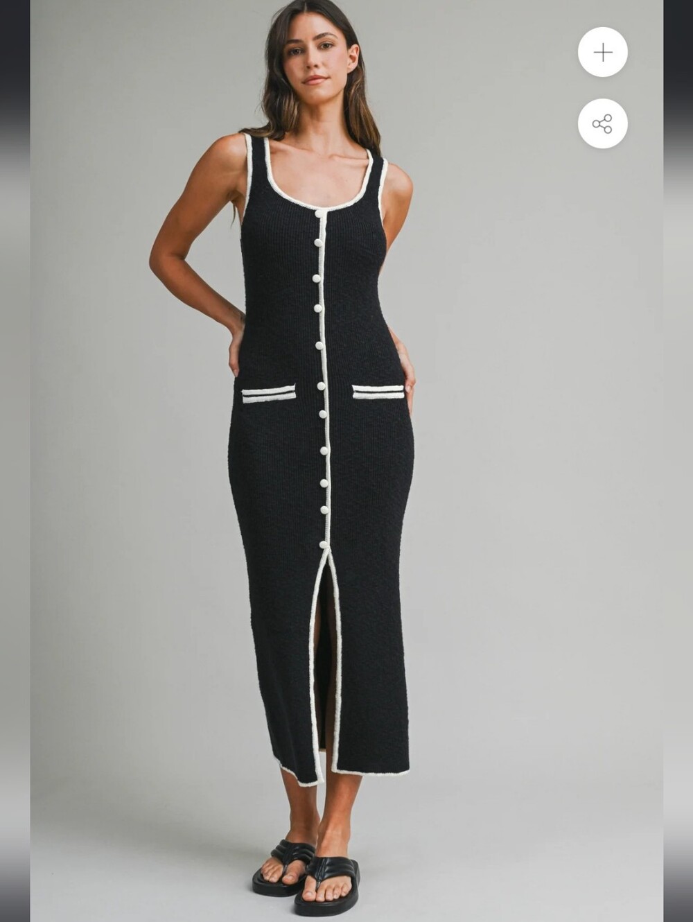 Reformation Mable Contrast Binding Black White Trim Knit Women's Midi Dress L